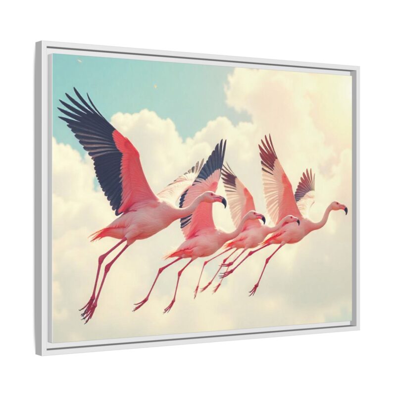 Framed Canvas - a flock of flamingos taking off in the sunlight. - Image 102