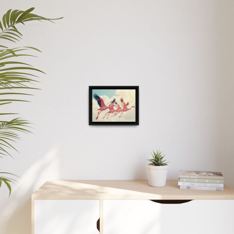 Framed Canvas - a flock of flamingos taking off in the sunlight. - Image 8