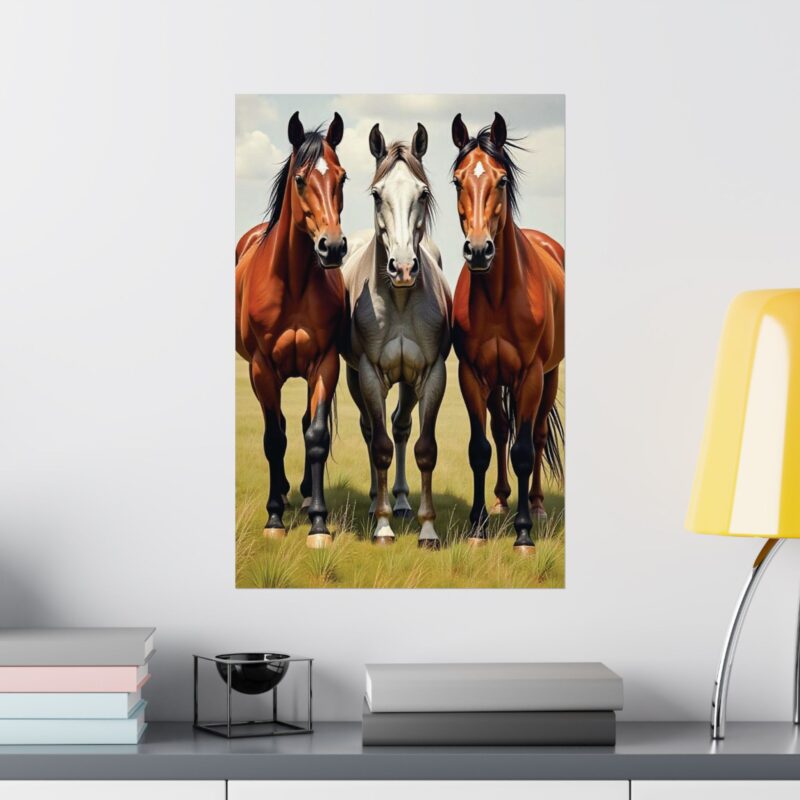 Matte Vertical Posters of Three Horses in a Grassy Field: Brown, Gray, and Chestnut - Image 40