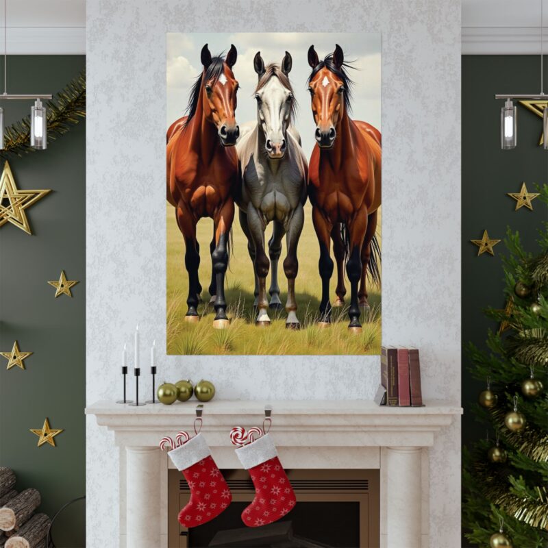 Matte Vertical Posters of Three Horses in a Grassy Field: Brown, Gray, and Chestnut - Image 119