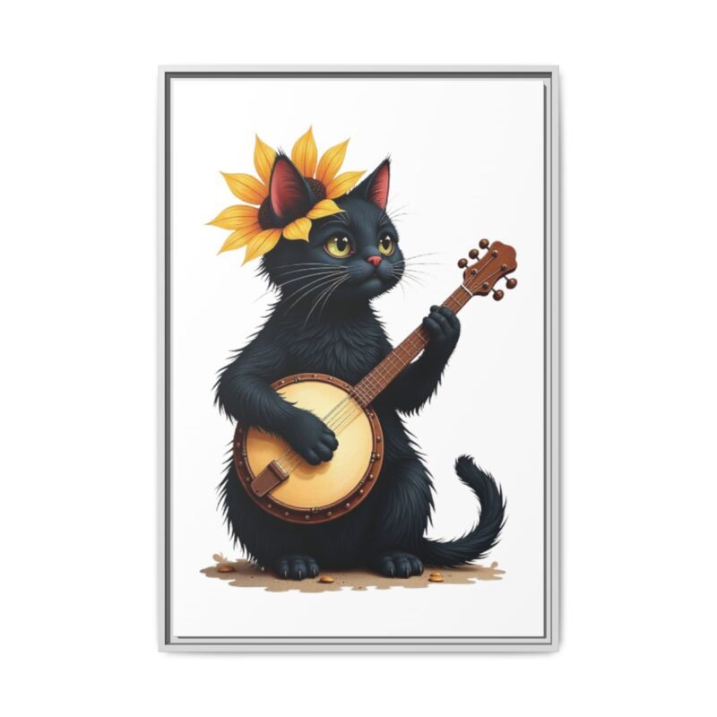 Wall Art - Black Cat Playing Banjo with Sunflower Matte Canvas Framed - Image 102