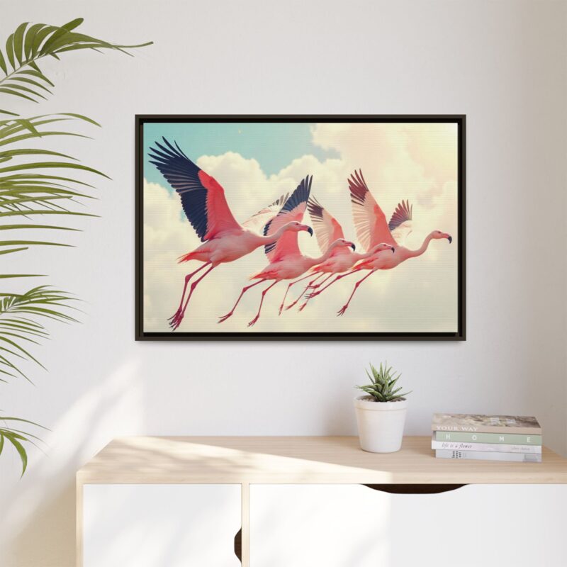 Framed Canvas - a flock of flamingos taking off in the sunlight. - Image 99