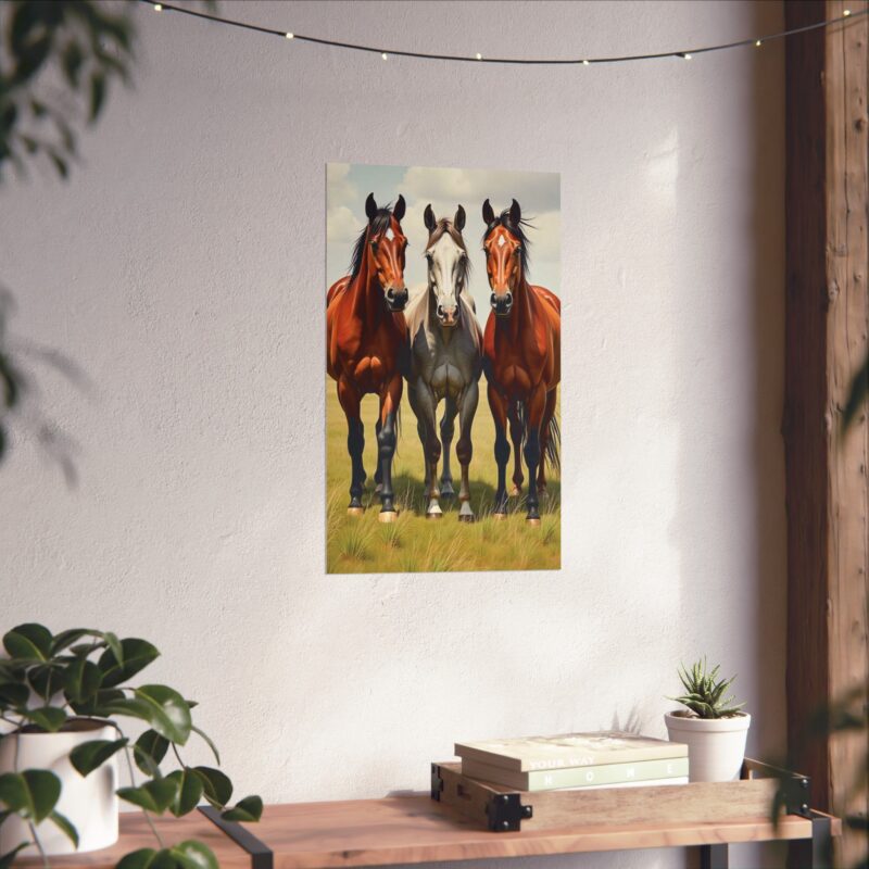 Matte Vertical Posters of Three Horses in a Grassy Field: Brown, Gray, and Chestnut - Image 73