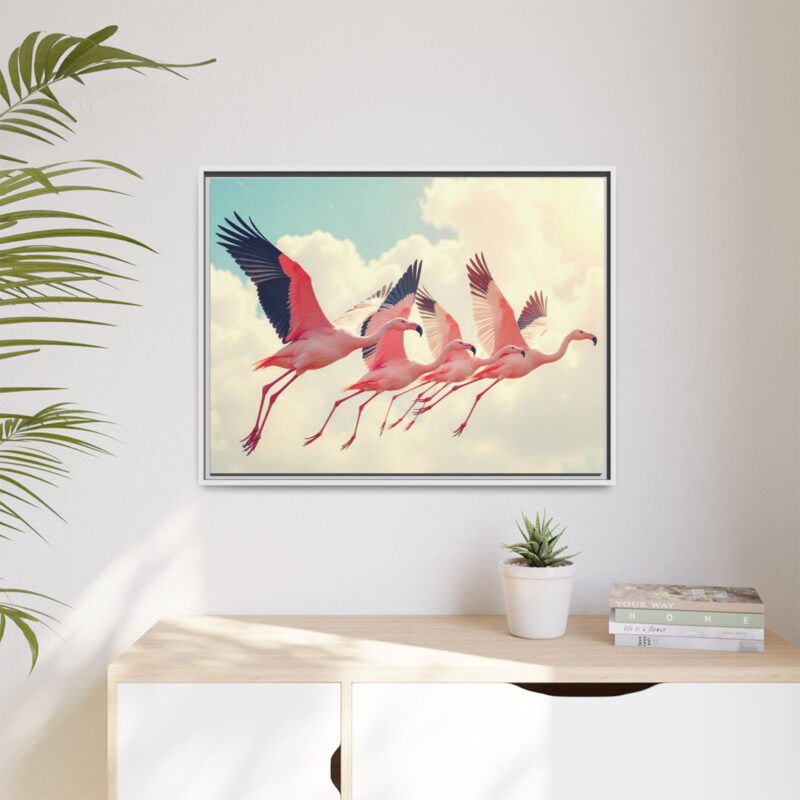 Framed Canvas - a flock of flamingos taking off in the sunlight. - Image 94