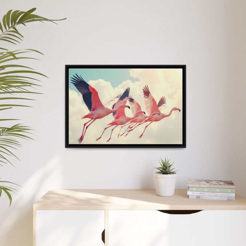 Framed Canvas - a flock of flamingos taking off in the sunlight. - Image 28