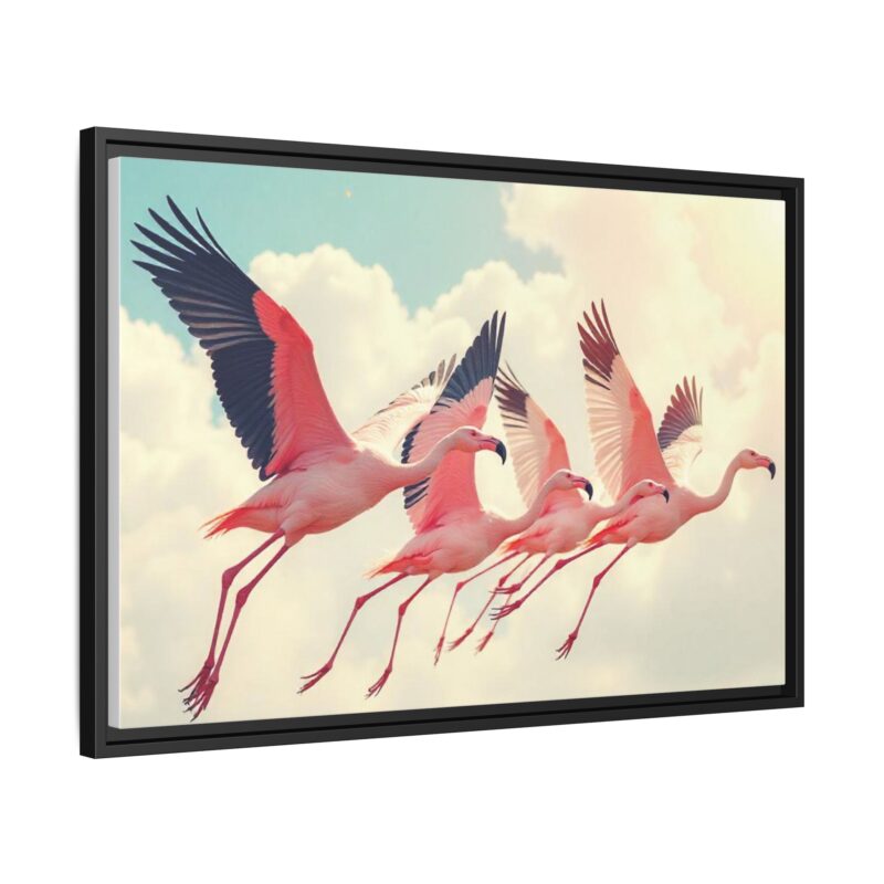 Framed Canvas - a flock of flamingos taking off in the sunlight. - Image 27