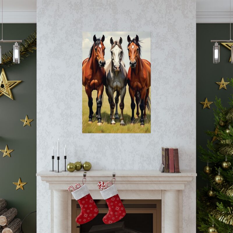 Matte Vertical Posters of Three Horses in a Grassy Field: Brown, Gray, and Chestnut - Image 103