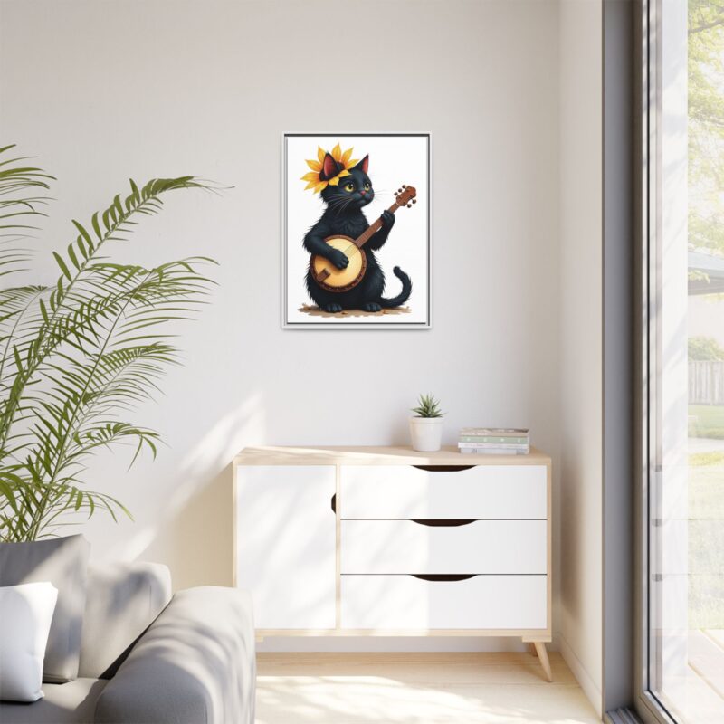 Wall Art - Black Cat Playing Banjo with Sunflower Matte Canvas Framed - Image 96