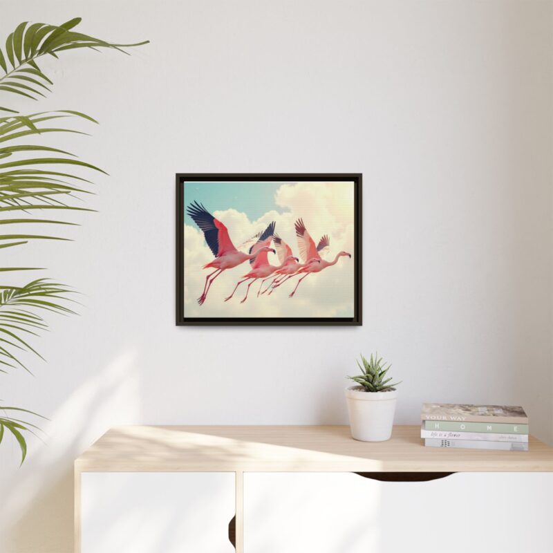 Framed Canvas - a flock of flamingos taking off in the sunlight. - Image 68