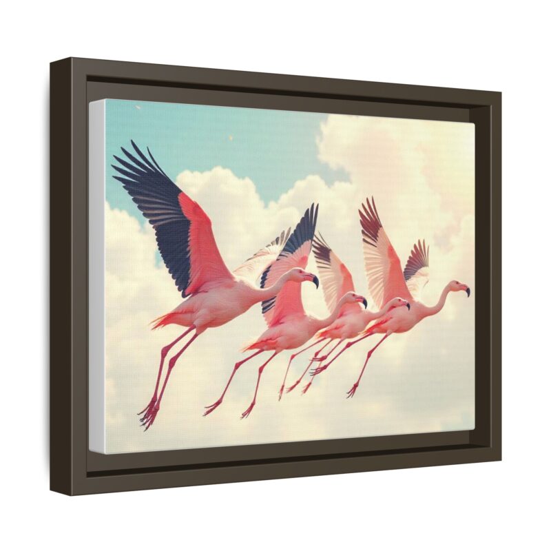 Framed Canvas - a flock of flamingos taking off in the sunlight. - Image 43