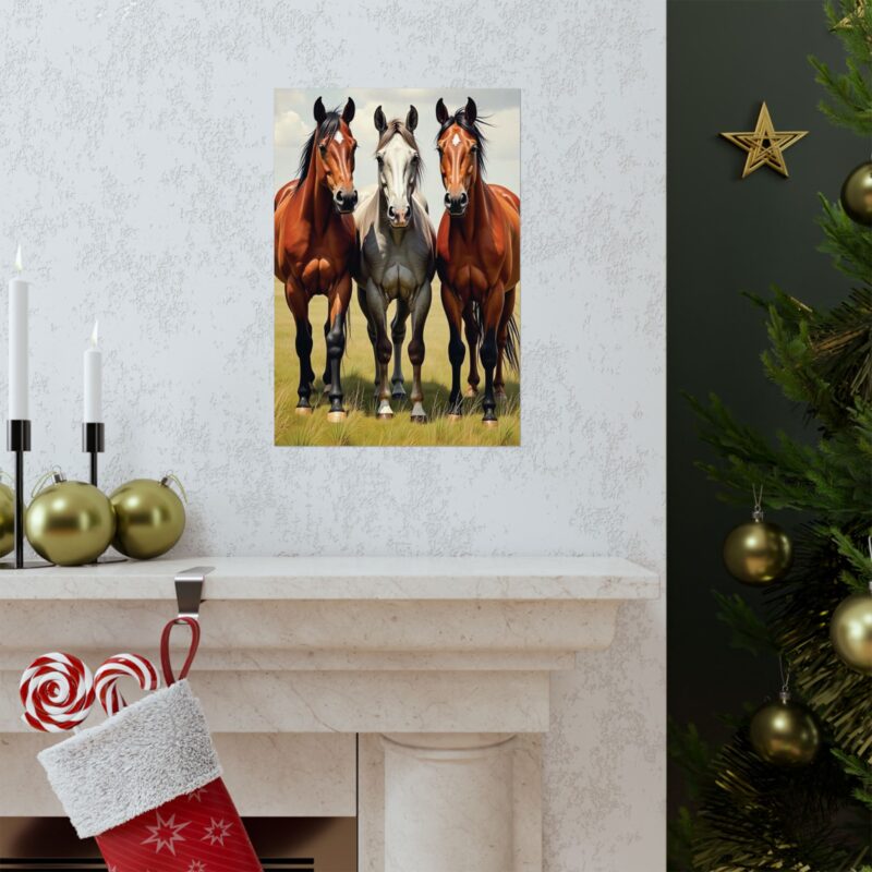 Matte Vertical Posters of Three Horses in a Grassy Field: Brown, Gray, and Chestnut - Image 55