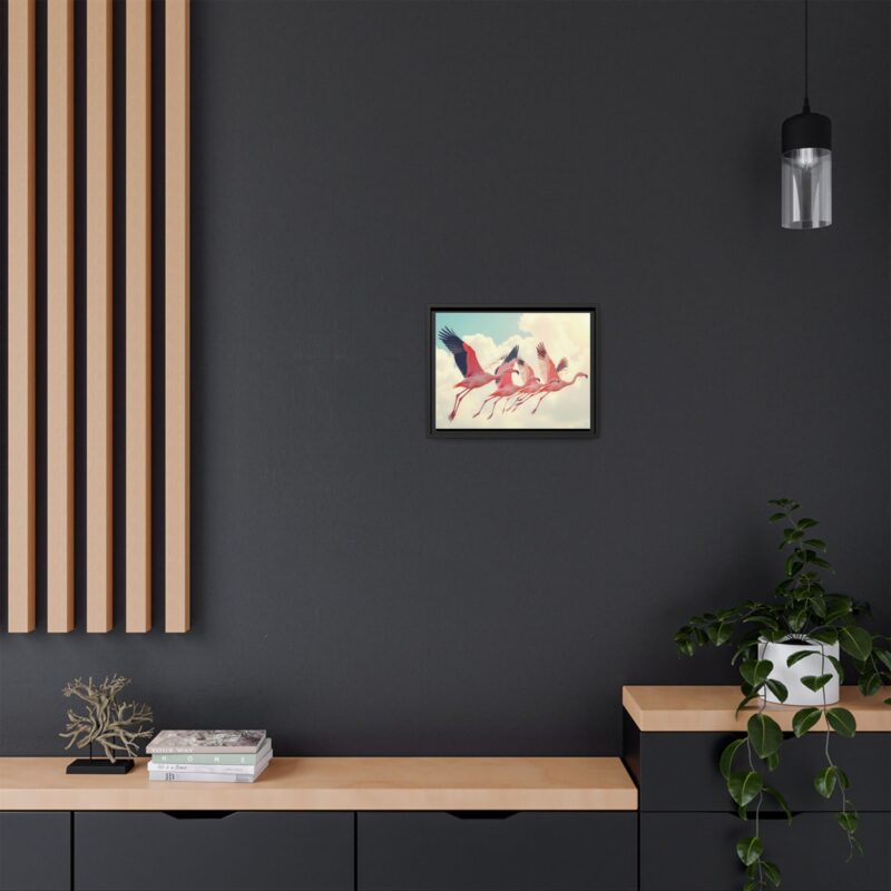 Framed Canvas - a flock of flamingos taking off in the sunlight. - Image 13