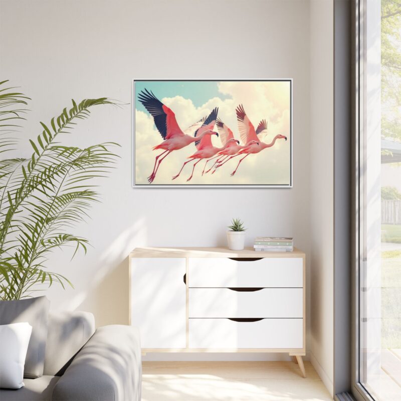 Framed Canvas - a flock of flamingos taking off in the sunlight. - Image 120