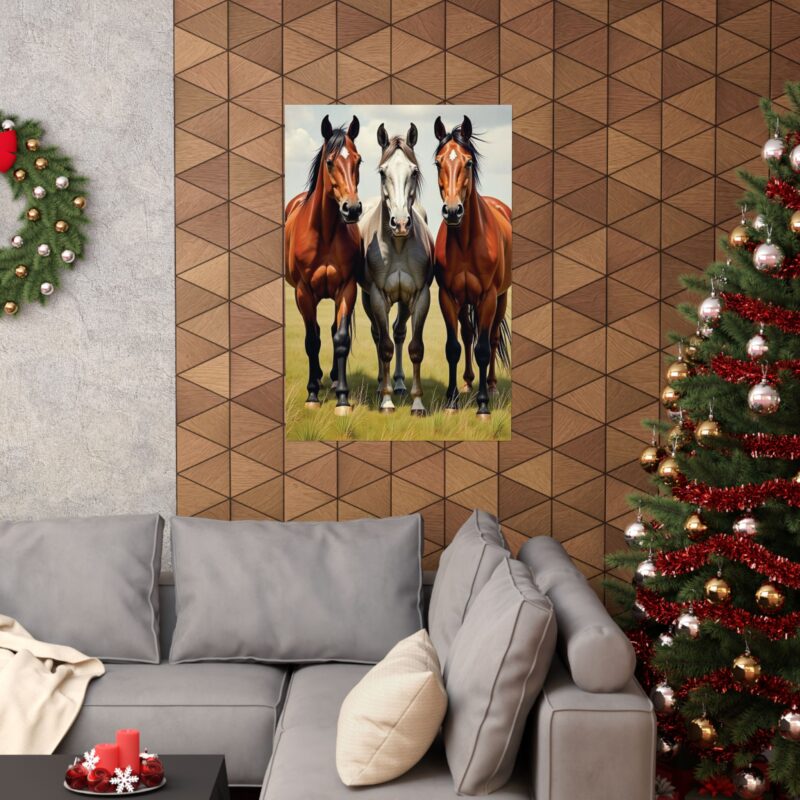 Matte Vertical Posters of Three Horses in a Grassy Field: Brown, Gray, and Chestnut - Image 101