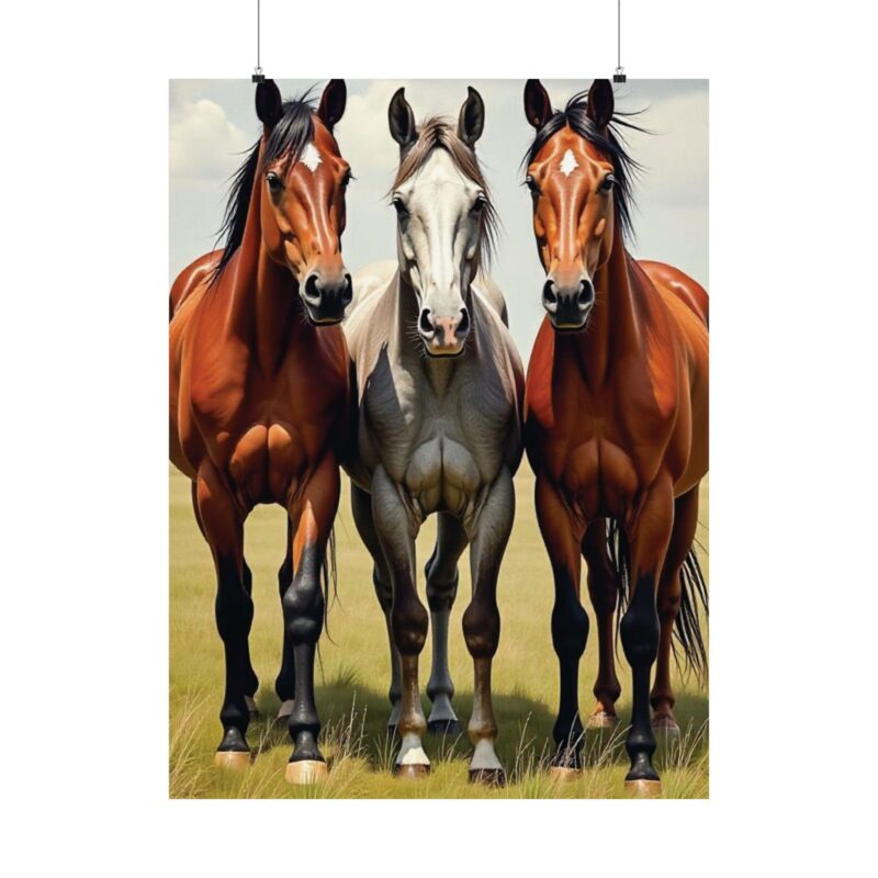 Matte Vertical Posters of Three Horses in a Grassy Field: Brown, Gray, and Chestnut - Image 42