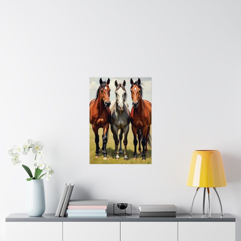 Matte Vertical Posters of Three Horses in a Grassy Field: Brown, Gray, and Chestnut - Image 88