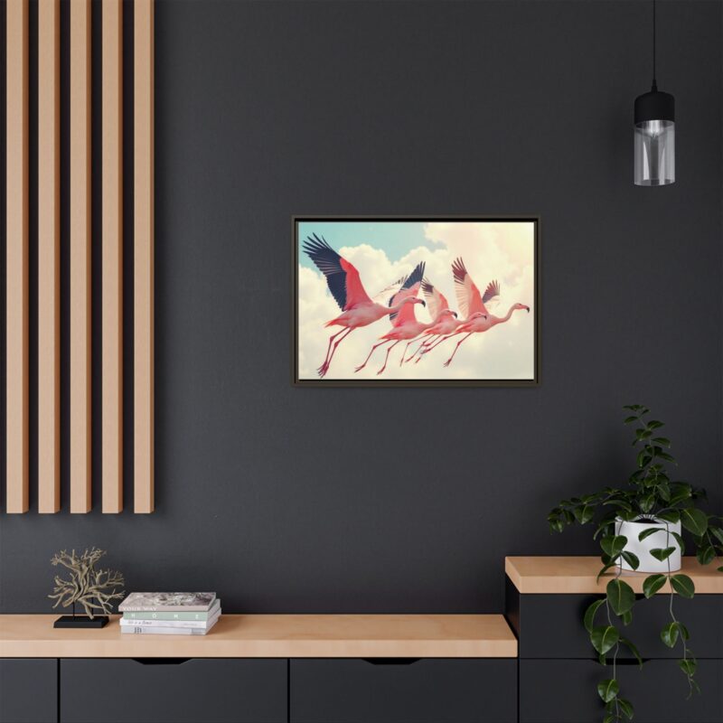 Framed Canvas - a flock of flamingos taking off in the sunlight. - Image 81