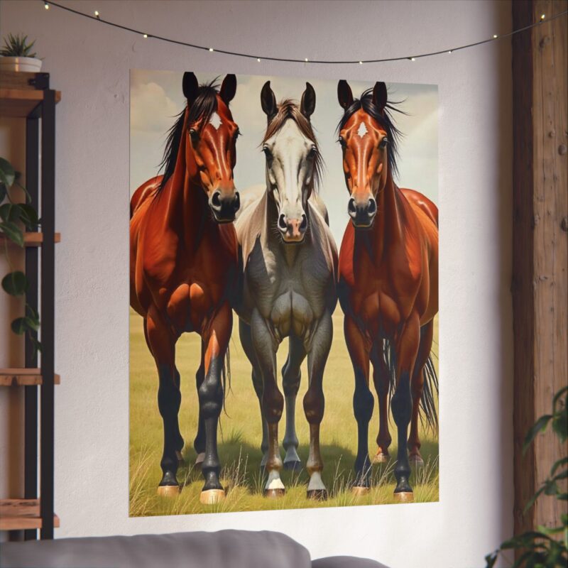 Matte Vertical Posters of Three Horses in a Grassy Field: Brown, Gray, and Chestnut - Image 105