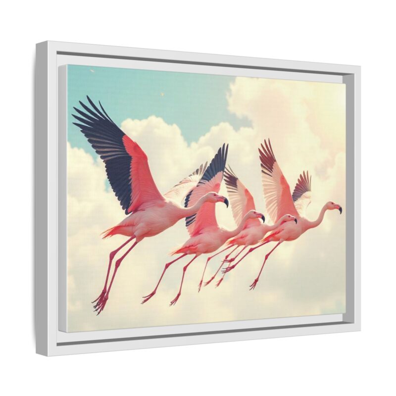 Framed Canvas - a flock of flamingos taking off in the sunlight. - Image 63