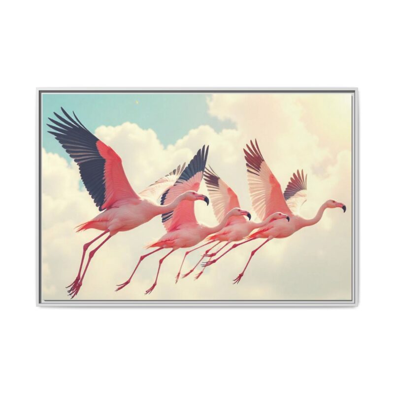 Framed Canvas - a flock of flamingos taking off in the sunlight. - Image 118