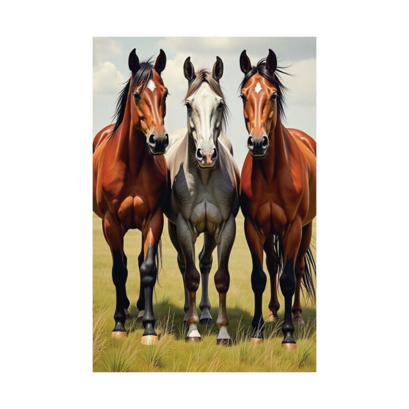 Matte Vertical Posters of Three Horses in a Grassy Field: Brown, Gray, and Chestnut - Image 115