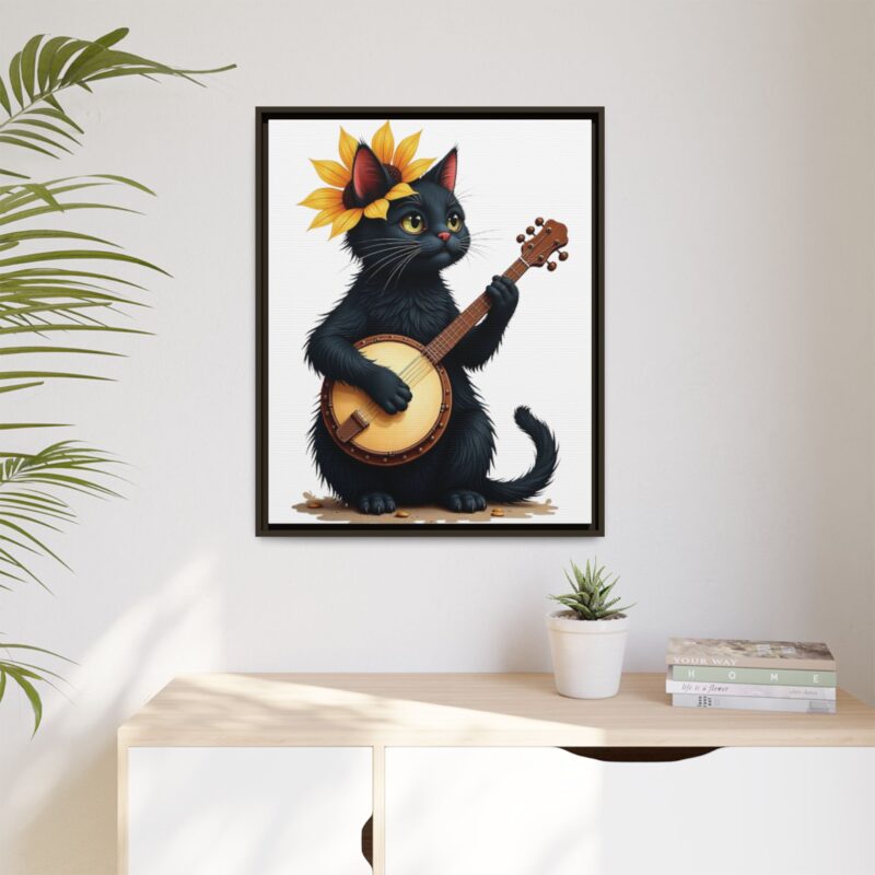 Wall Art - Black Cat Playing Banjo with Sunflower Matte Canvas Framed - Image 128