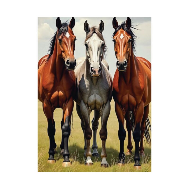 Matte Vertical Posters of Three Horses in a Grassy Field: Brown, Gray, and Chestnut - Image 91