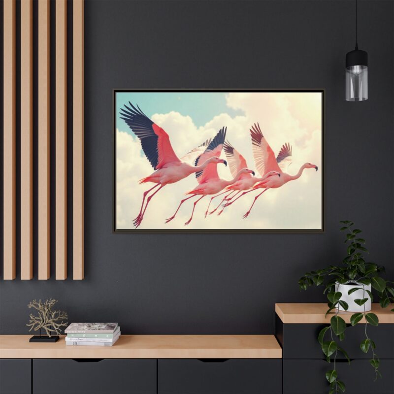 Framed Canvas - a flock of flamingos taking off in the sunlight. - Image 113