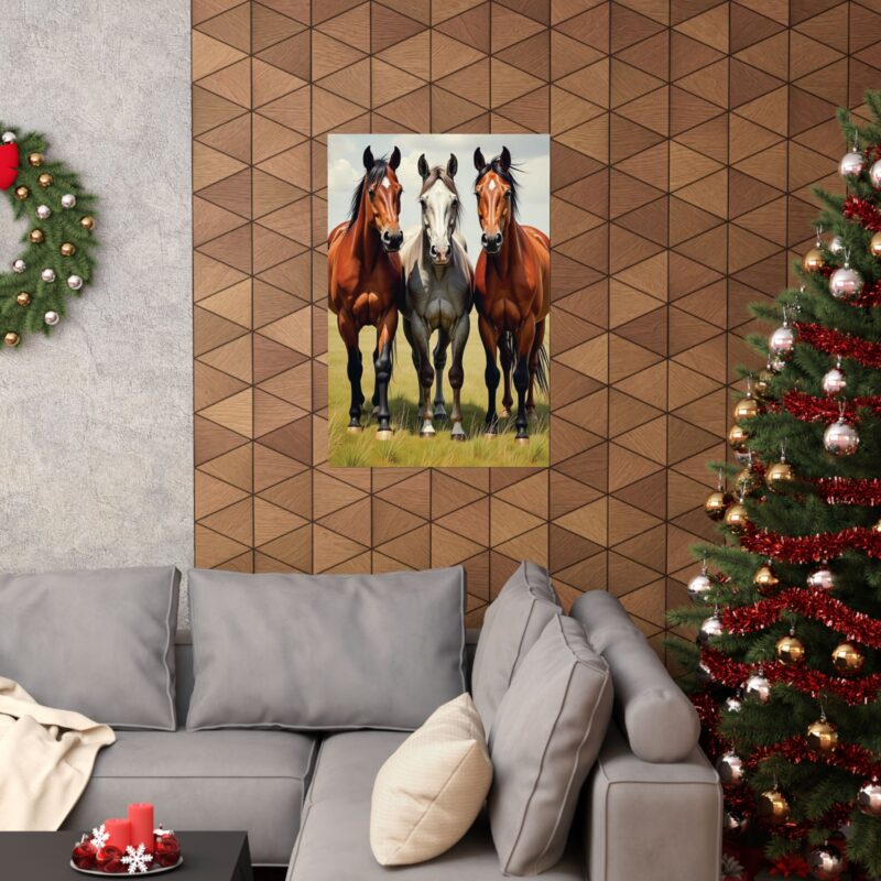 Matte Vertical Posters of Three Horses in a Grassy Field: Brown, Gray, and Chestnut - Image 29