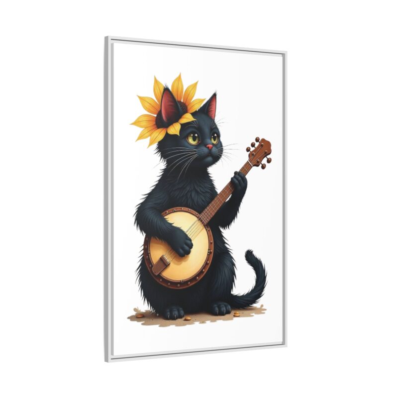 Wall Art - Black Cat Playing Banjo with Sunflower Matte Canvas Framed - Image 119