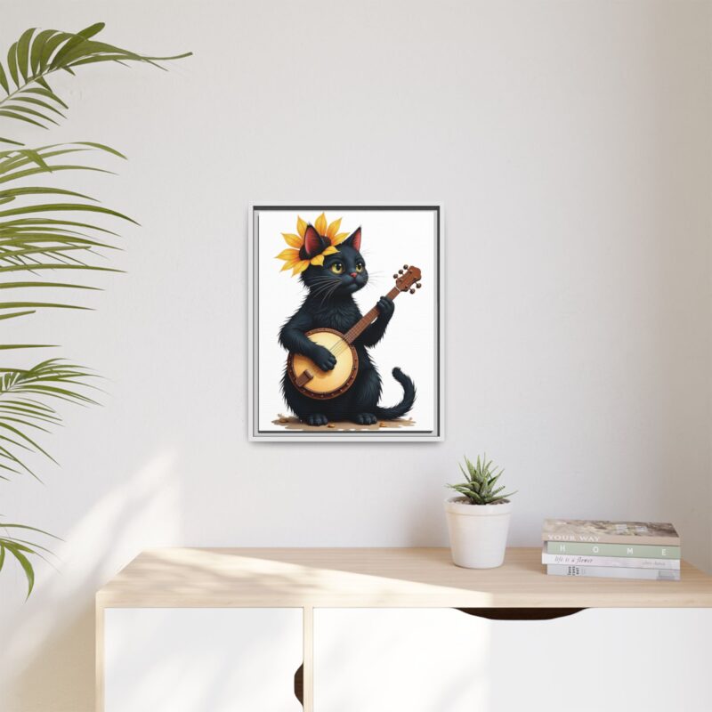 Wall Art - Black Cat Playing Banjo with Sunflower Matte Canvas Framed - Image 72