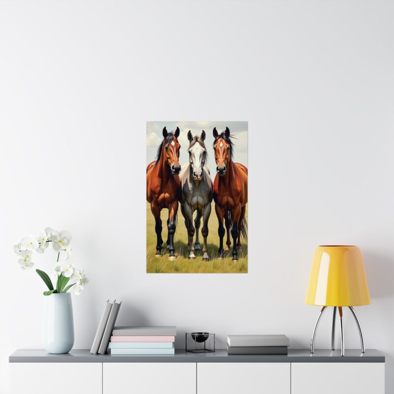 Matte Vertical Posters of Three Horses in a Grassy Field: Brown, Gray, and Chestnut - Image 24