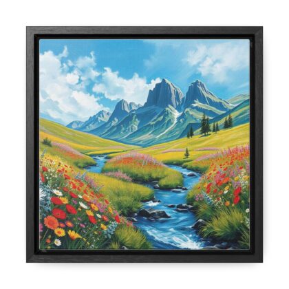 Canvas Wrap - Wildflower Meadow with Flowing Stream Square Frame Wall Art